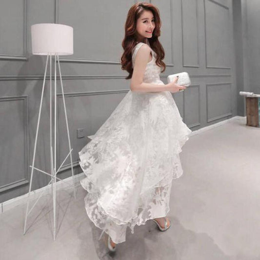Fresh Sweet Harajuku Sexy Solid Color Organza Sleeveless Ladies Lace Dress White