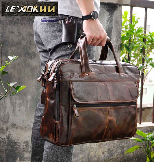 Promotion vintage genuine leather men messenger bags cow leather portfolio briefcase shoulder bag crossbody 15.6