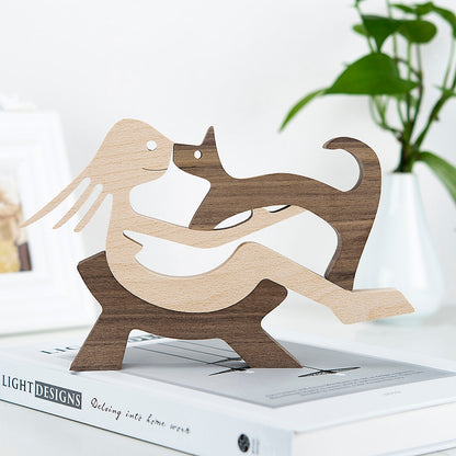 Family Puppy Wood Dog Craft Figurine Desktop Table Ornament