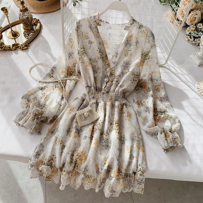 2019 new fashion women's French dress female temperament V-neck long-sleeved chiffon floral dresses