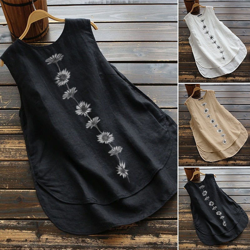 Women&#39;s Irregular Blouse ZANZEA 2022  Tanks Tops Casual Linen Blusas Female Sleeveless Chemise Summer Tee Shirts