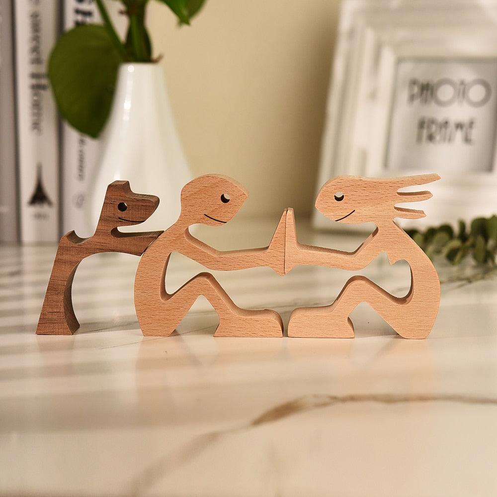 Family Puppy Wood Dog Craft Figurine Desktop Table Ornament