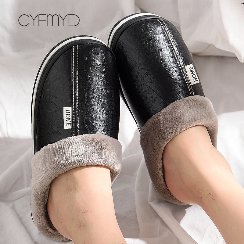 Men's slippers Home Winter Indoor Warm Shoes Thick Bottom Plush  Waterproof Leather House slippers man Cotton shoes 2021 New