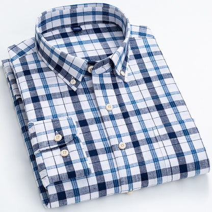 Men's Regular-Fit Shirt Cotton Line Long Sleeve Loose Business Dress Pure Color Button Shirt Men Blue White Tops Camisa Hombre L