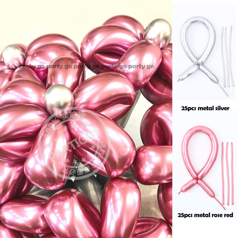 50pcs Magic Long Metallic Balloons DIY Rose Gold Chrome Twisting Strip Ball Selfmade Flower Shape Valentines Gifts Wedding Decor