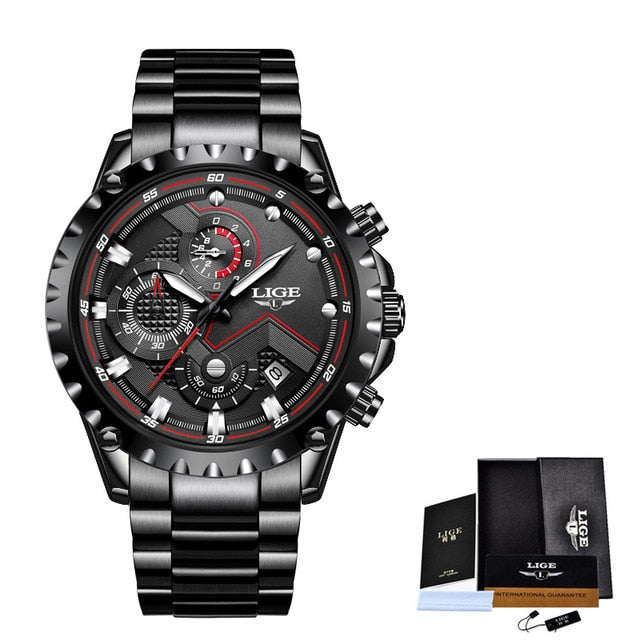LIGE Top Brand Luxury Mens Fashion Watch Men Sport Waterproof Quartz Watches Men All Steel Army