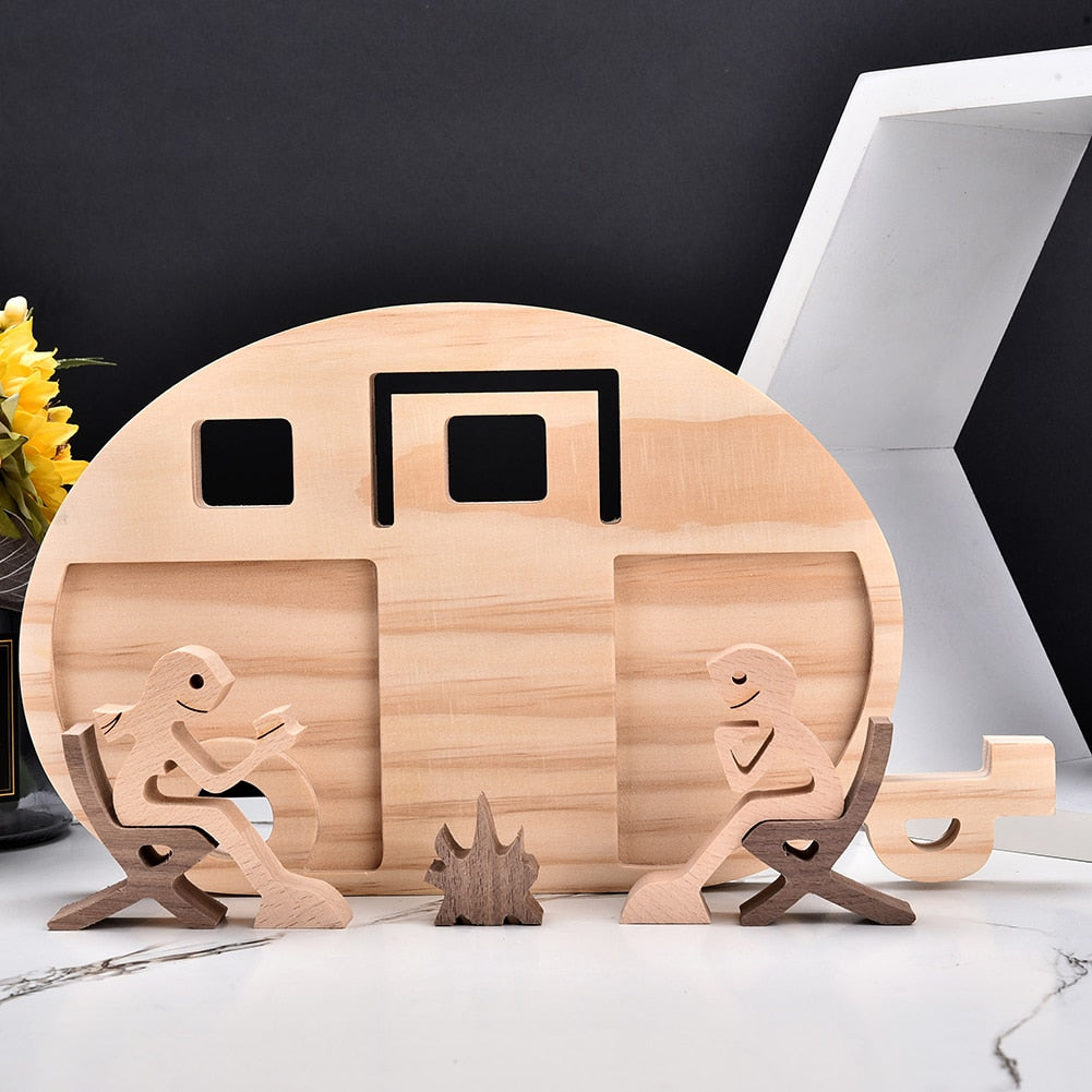 Family Puppy Wood Dog Craft Figurine Desktop Table Ornament