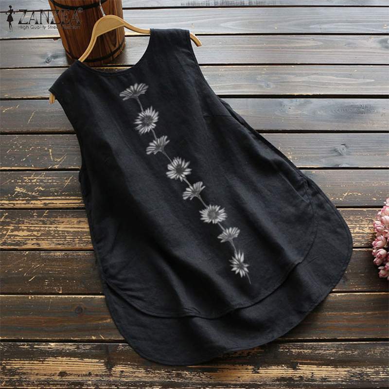 Women&#39;s Irregular Blouse ZANZEA 2022  Tanks Tops Casual Linen Blusas Female Sleeveless Chemise Summer Tee Shirts