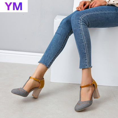 Heels Buckle Shoes Women Pumps Round Toe T Ankle Buckle Strap Party Dress Pumps Ladies