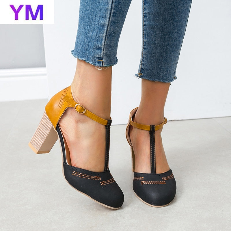 Heels Buckle Shoes Women Pumps Round Toe T Ankle Buckle Strap Party Dress Pumps Ladies