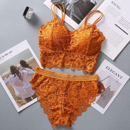 et French Bralette Lace Panties Cropped Bra Pantys Set Female
