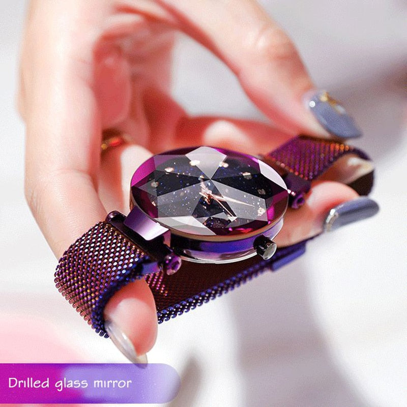 Luxury Starry Sky Stainless Steel Mesh Bracelet Watches For Women Crystal Analog Quartz
