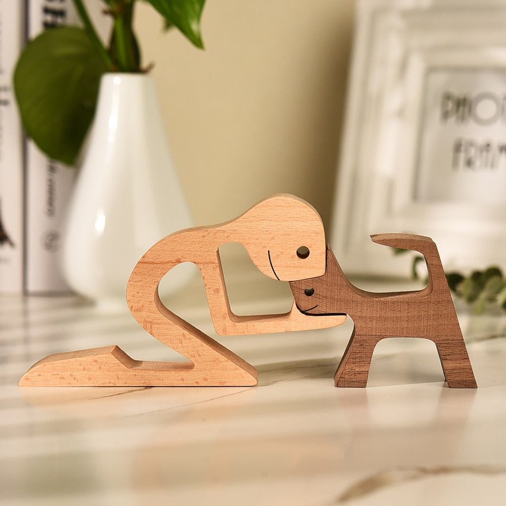Family Puppy Wood Dog Craft Figurine Desktop Table Ornament