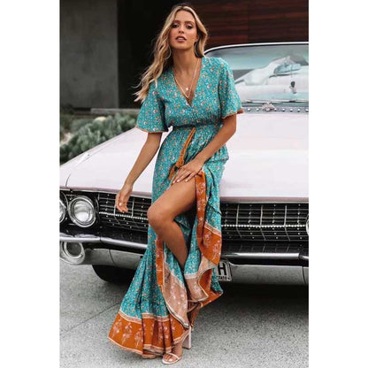 BOHO INSPIRED blus floral maxi dress V-neck button down lace