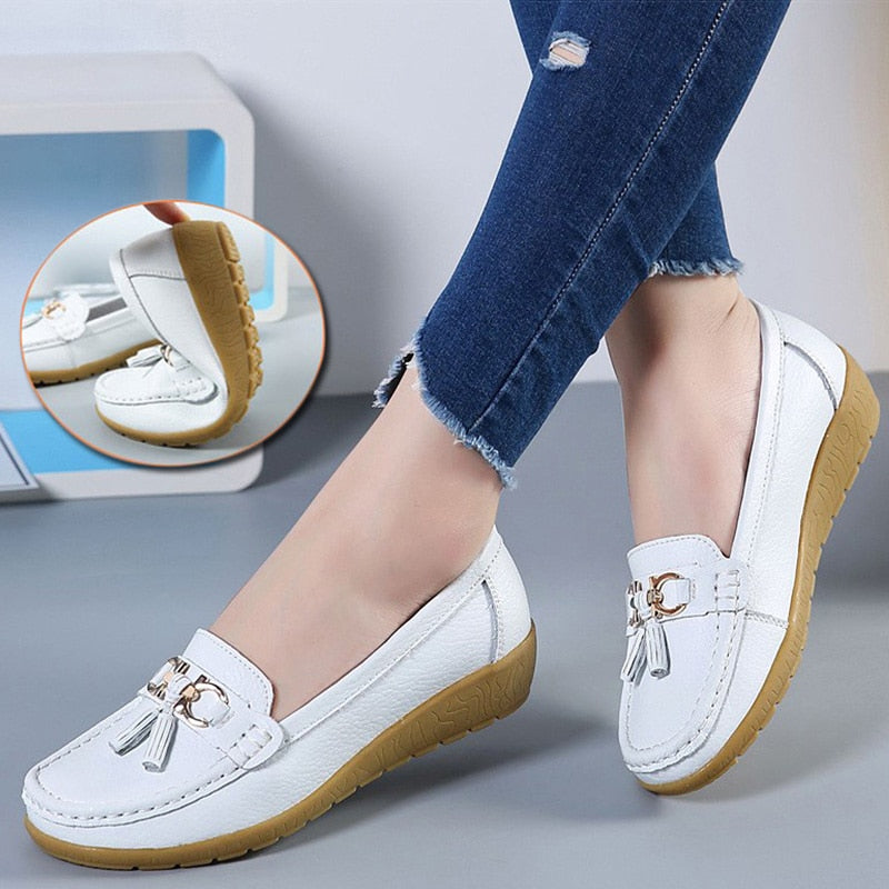 Spring & Summer Breathable Casual Loafers for Women – Platform Leather Comfort Wedge Moccasins | Ladies Vulcanized Sneakers (Size 44)