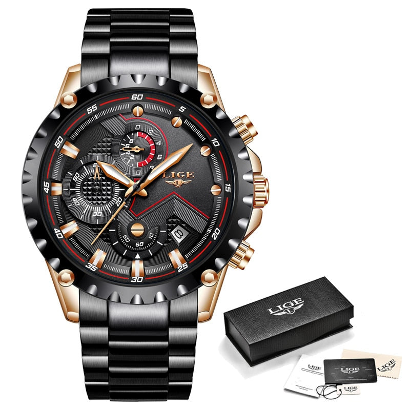 LIGE Top Brand Luxury Mens Fashion Watch Men Sport Waterproof Quartz Watches Men All Steel Army