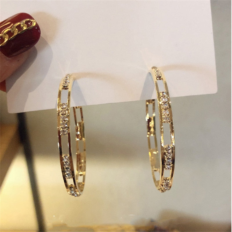 FYUAN Golden Round Crystal Hoop Earrings for Women Bijoux Geometric