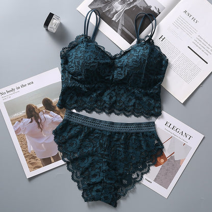 et French Bralette Lace Panties Cropped Bra Pantys Set Female