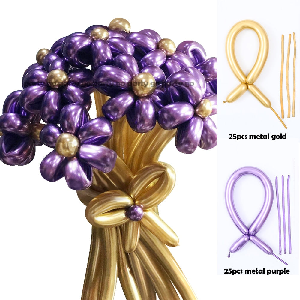 50pcs Magic Long Metallic Balloons DIY Rose Gold Chrome Twisting Strip Ball Selfmade Flower Shape Valentines Gifts Wedding Decor