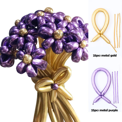 50pcs Magic Long Metallic Balloons DIY Rose Gold Chrome Twisting Strip Ball Selfmade Flower Shape Valentines Gifts Wedding Decor