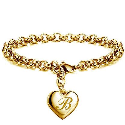 Initial Charm Gold-Color Bracelets Stainless Steel Heart 26 Letters