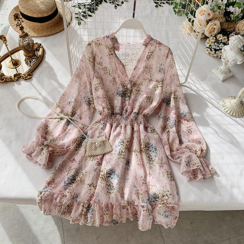 2019 new fashion women's French dress female temperament V-neck long-sleeved chiffon floral dresses