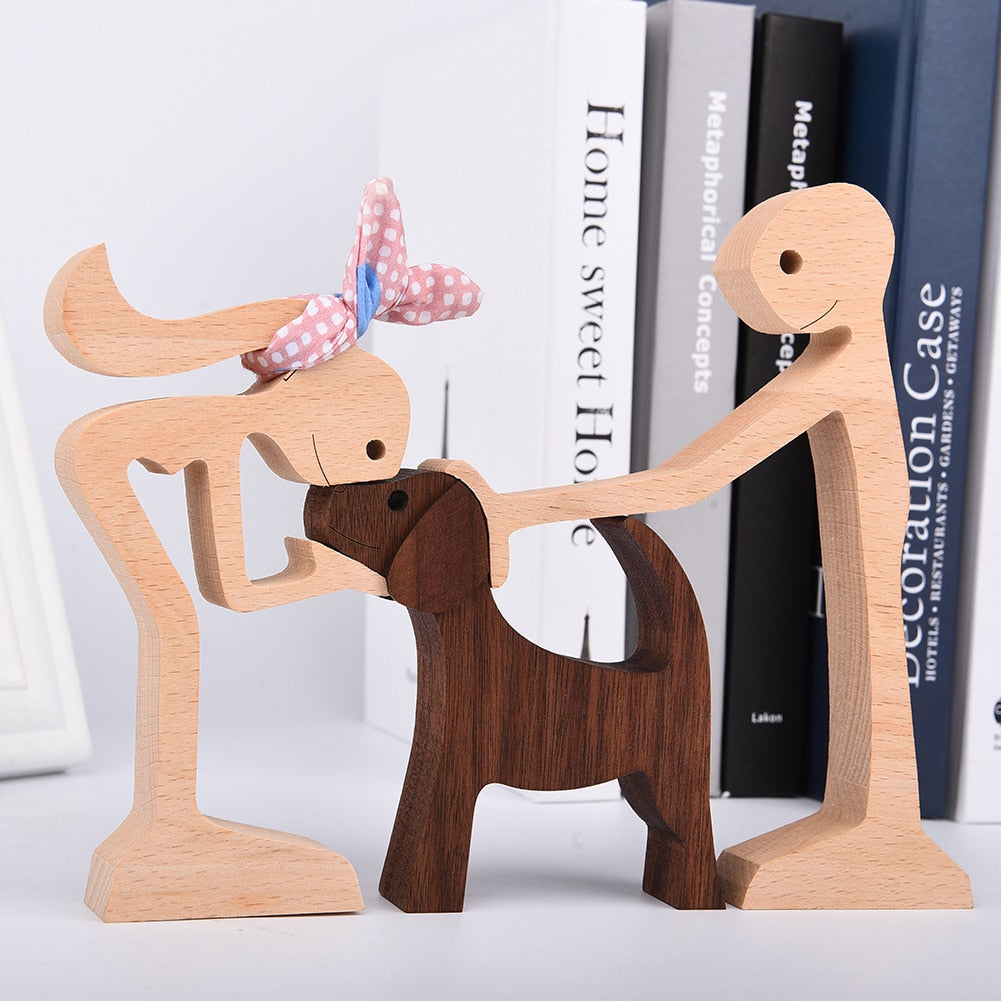 Family Puppy Wood Dog Craft Figurine Desktop Table Ornament