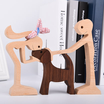 Family Puppy Wood Dog Craft Figurine Desktop Table Ornament