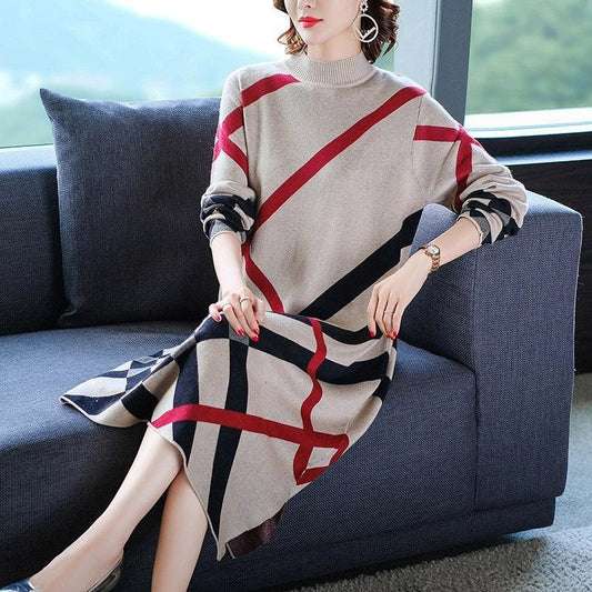 Knitting Women Plaid Dress Sweater Patchwork Turtleneck Pullover Bottom