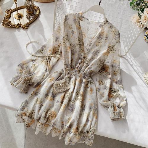 2019 new fashion women's French dress female temperament V-neck long-sleeved chiffon floral dresses