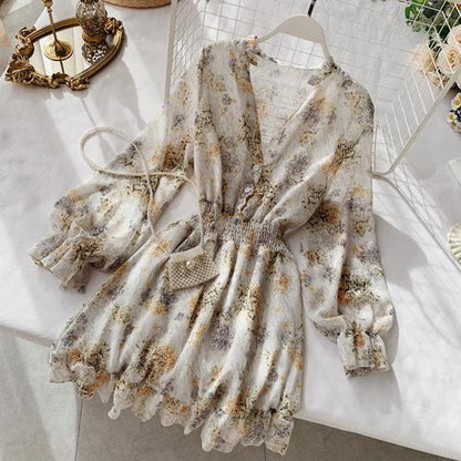 2019 new fashion women's French dress female temperament V-neck long-sleeved chiffon floral dresses