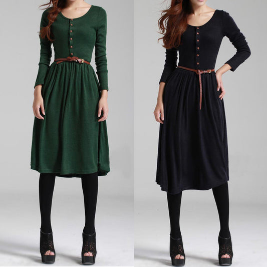 Hot Vintage Retro Style Women's Long Sleeve Dresses Long Knits Bottoming Dress Solid Color