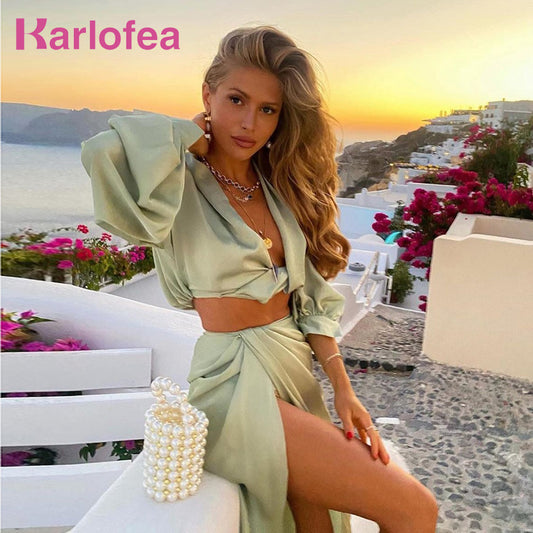 Karlofea 2 Piece Set Women Summer Beach Vacation Outfits Sexy Cropped Blouse Shirts