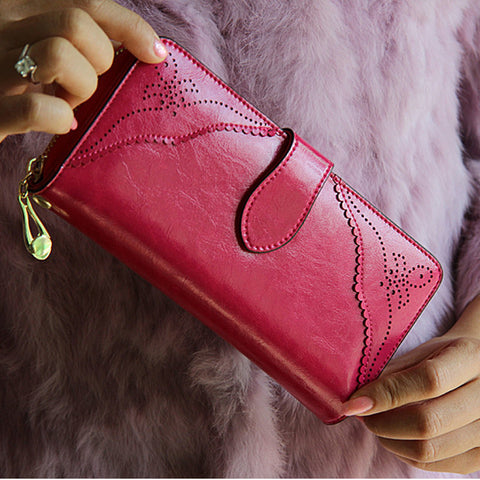 100% oil waxing cowhide wallet for women Long designer multi-card wallet holder women leather genuine purse free shipping
