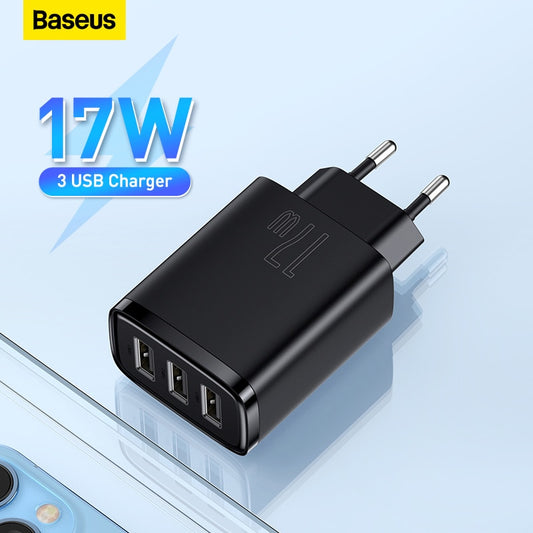Baseus 17W USB Charger Universal Portable 3 Ports Travel Wall Adapter Portable