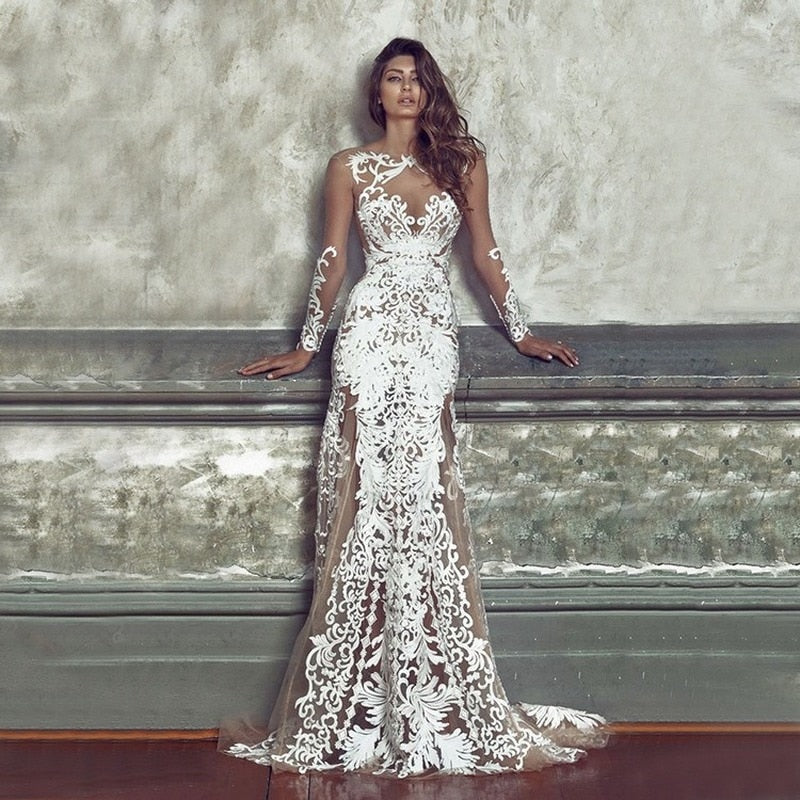 iRicheraf Elegant Long Sleeve Deep V-neck Party Dress Sexy Lace Mesh Floor