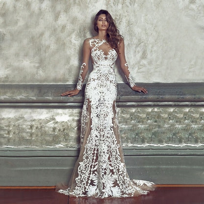 iRicheraf Elegant Long Sleeve Deep V-neck Party Dress Sexy Lace Mesh Floor