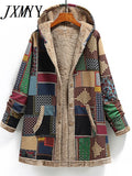 Winter Vintage Women Coat Warm Printing Thick Fleece Hooded Long