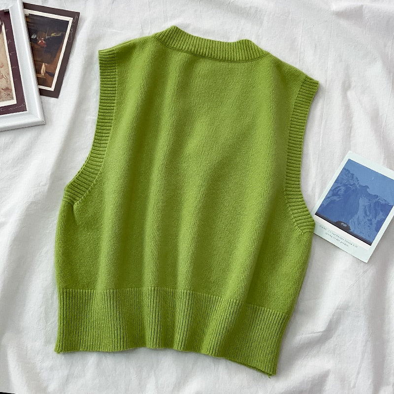 Autumn Women Sweater Vest Preppy Style V-neck Pullover Loose