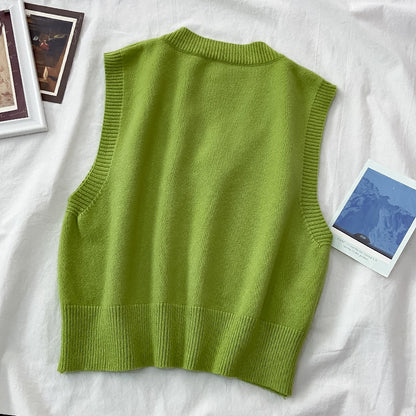 Autumn Women Sweater Vest Preppy Style V-neck Pullover Loose
