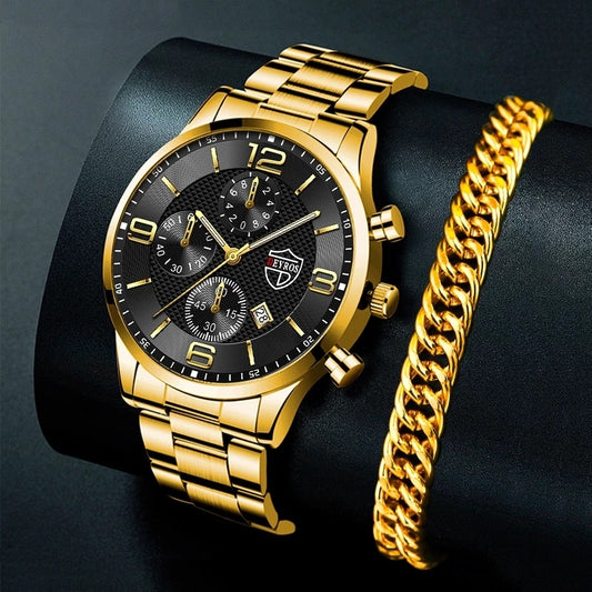 Luxury Mens Gold Bracelet Business Watches Stainless Steel Quartz Watch