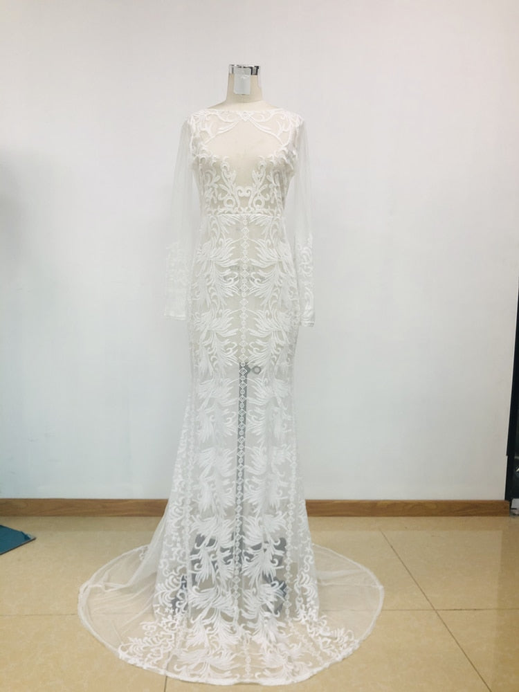 iRicheraf Elegant Long Sleeve Deep V-neck Party Dress Sexy Lace Mesh Floor