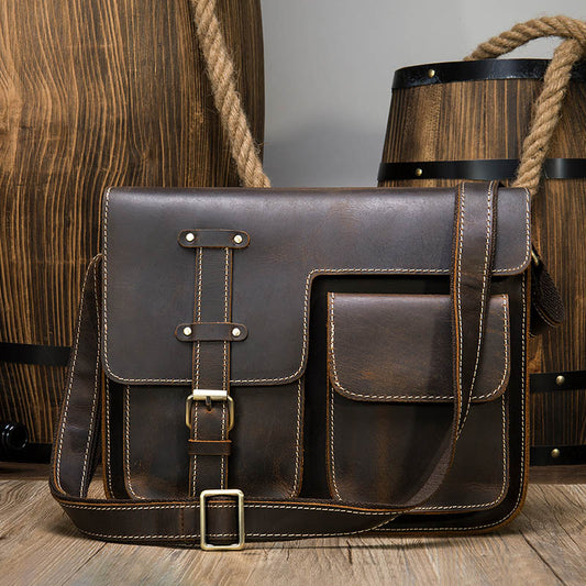 Crazy Horse Leather Men Crossbody Bag A4 Big Capacity Casual
