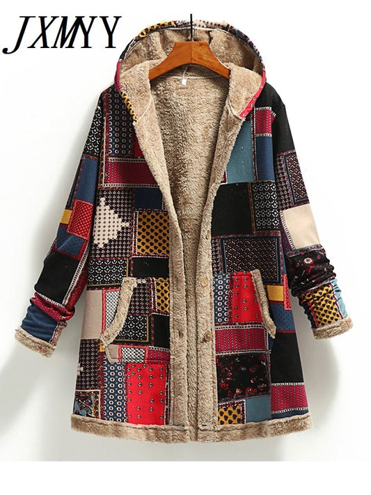 Winter Vintage Women Coat Warm Printing Thick Fleece Hooded Long