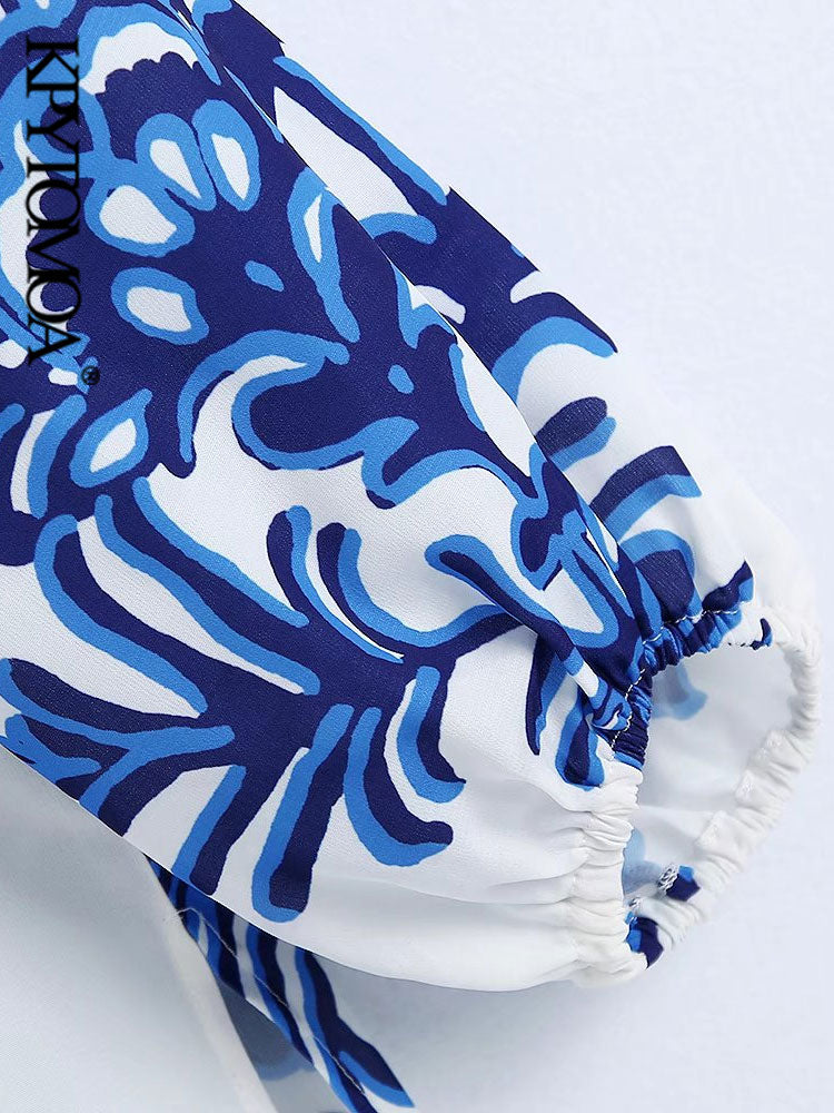 Fashion Totem Printed Asymmetric Blouses Vintage Long Sleeve Side Vents Female Shirts Chic Tops