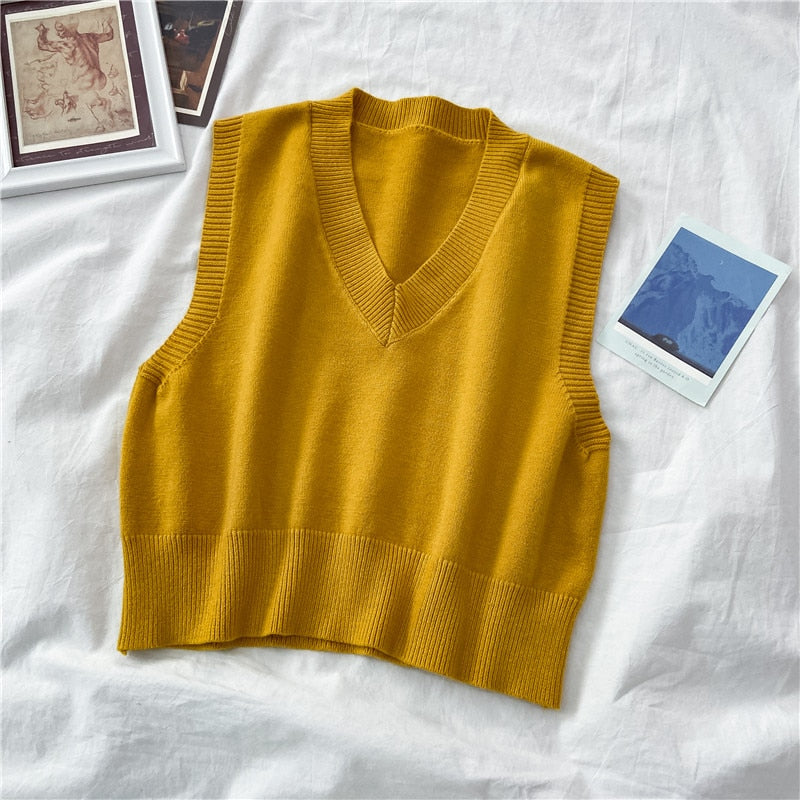 Autumn Women Sweater Vest Preppy Style V-neck Pullover Loose