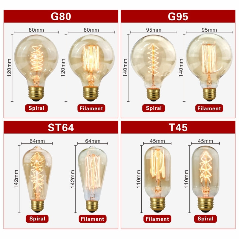 Retro Edison Bulb E27 220V 40W Light Bulb A60 ST58 ST64 T10 T45 T185 G80 G95 Filament