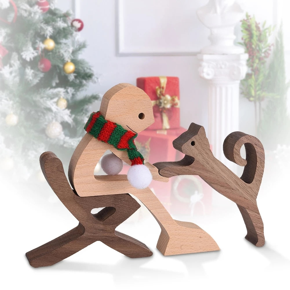 Family Puppy Wood Dog Craft Figurine Desktop Table Ornament