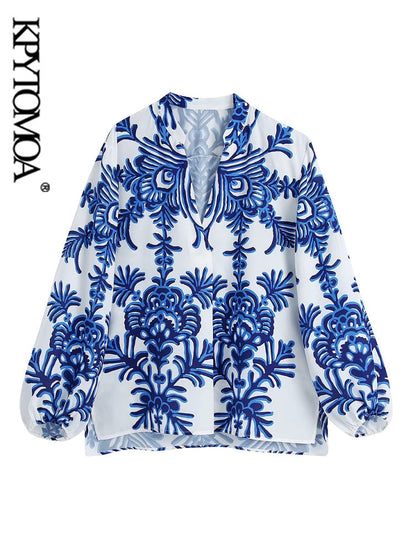 Fashion Totem Printed Asymmetric Blouses Vintage Long Sleeve Side Vents Female Shirts Chic Tops