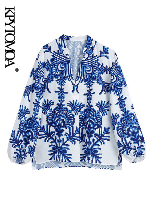 Fashion Totem Printed Asymmetric Blouses Vintage Long Sleeve Side Vents Female Shirts Chic Tops